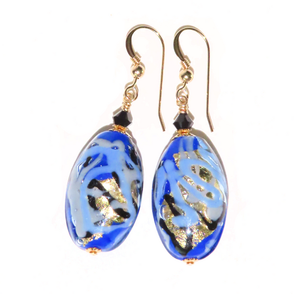 Murano Glass Blue Black Oval Dangle Gold Earrings - Handcrafted Italian  Jewelry