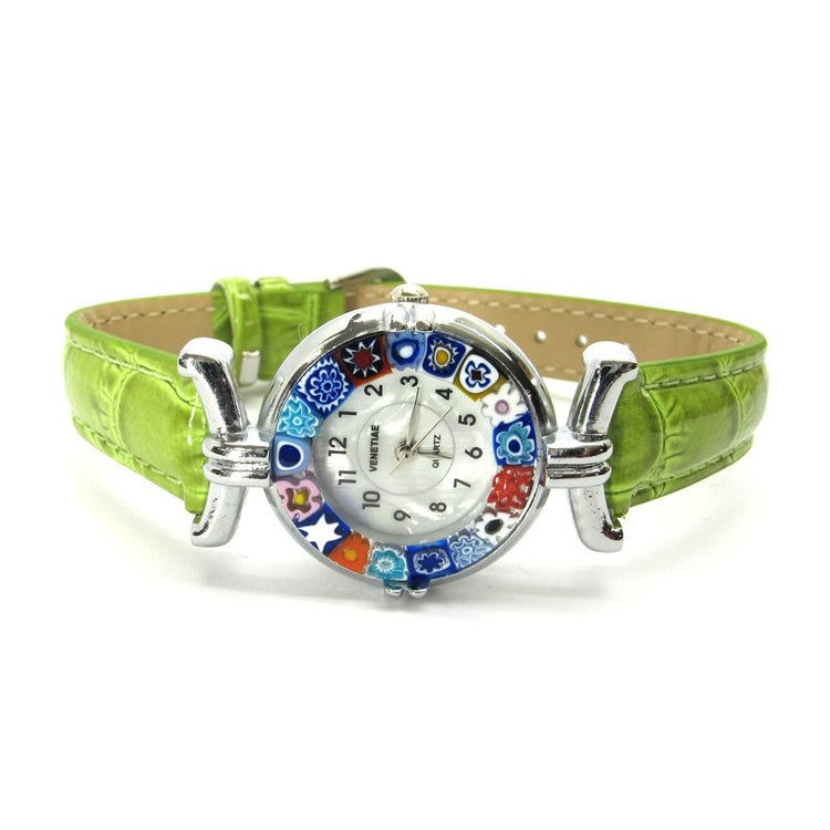 Italian Murano millefiori watch with a lime green leather band