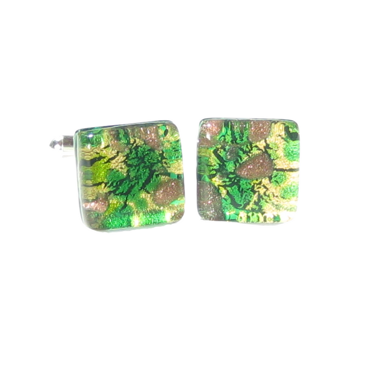 a pair of green and gold square cuff links