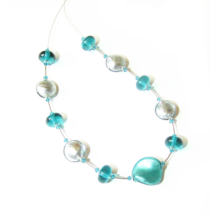 a necklace made of blue glass Murano beads