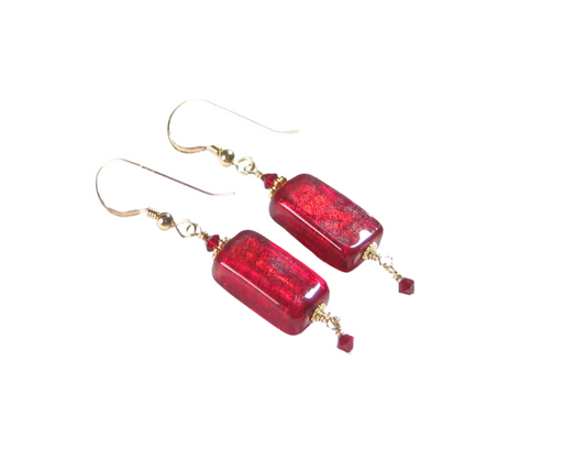 Venetian Glass Red Rectangle Gold Earrings, Gold Filled Fishhooks