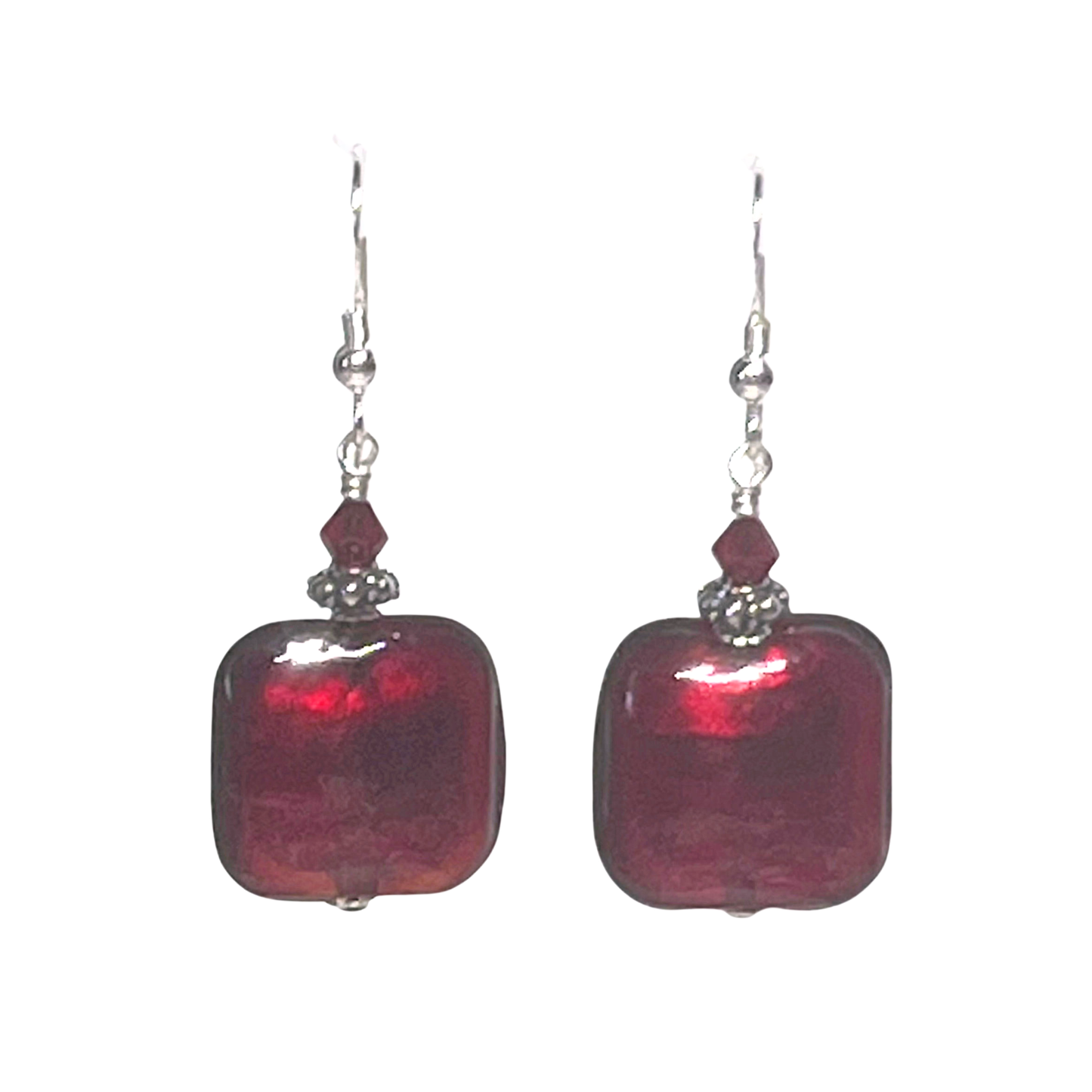 Murano Glass Red Square Sterling Silver Earrings, Venetian Jewelry