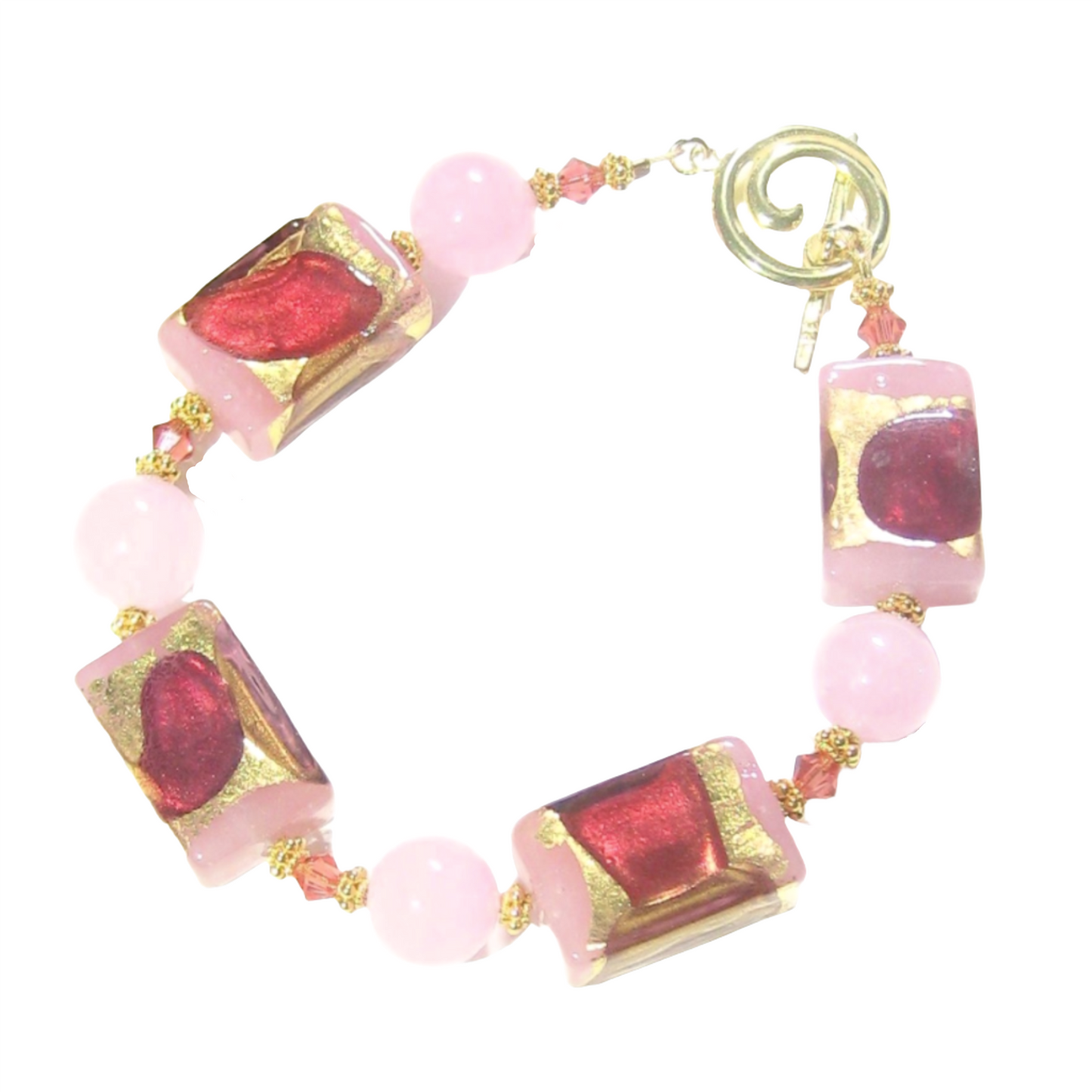 Murano Glass Pink Chunky Rectangle Gold Bracelet by JKC Murano