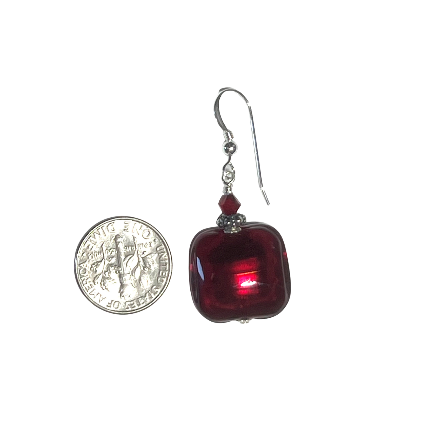 Murano Glass Red Square Sterling Silver Earrings, Venetian Jewelry