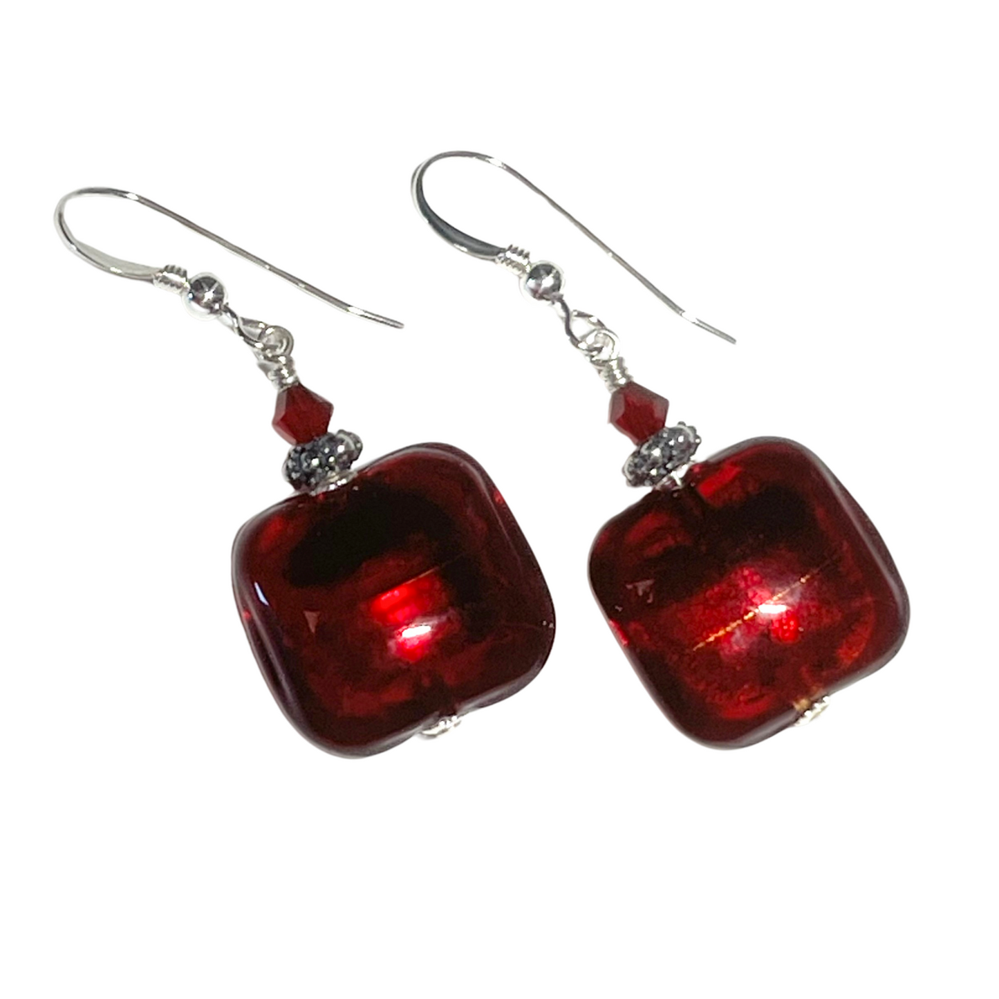 Murano Glass Red Square Sterling Silver Earrings, Venetian Jewelry