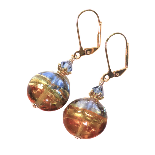 Murano glass blue topaz disc leverback earrings