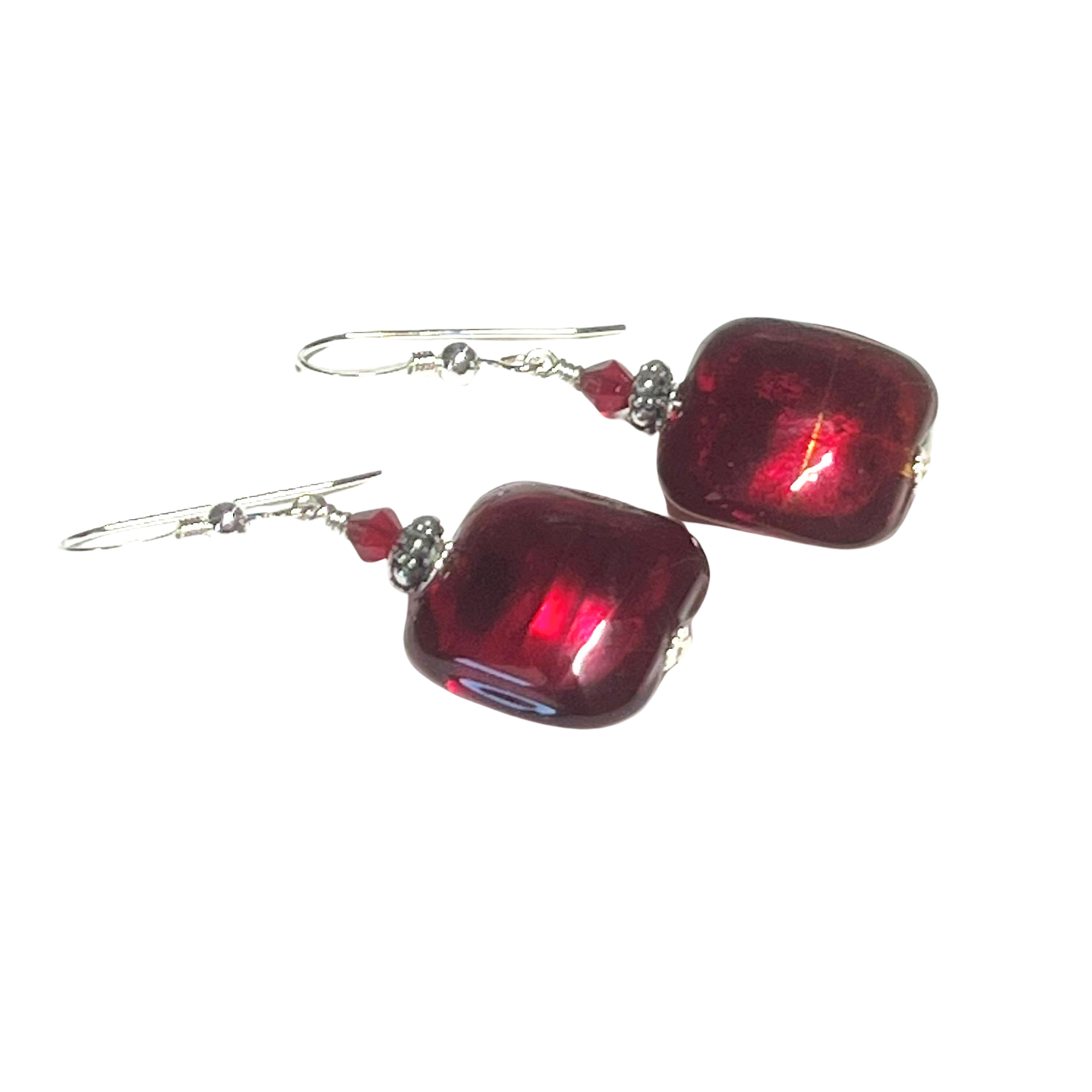 Murano Glass Red Square Sterling Silver Earrings, Venetian Jewelry