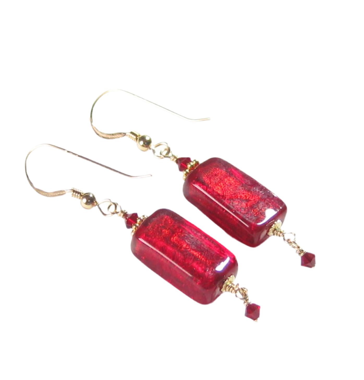 Venetian Glass Red Rectangle Gold Earrings, Gold Filled Fishhooks