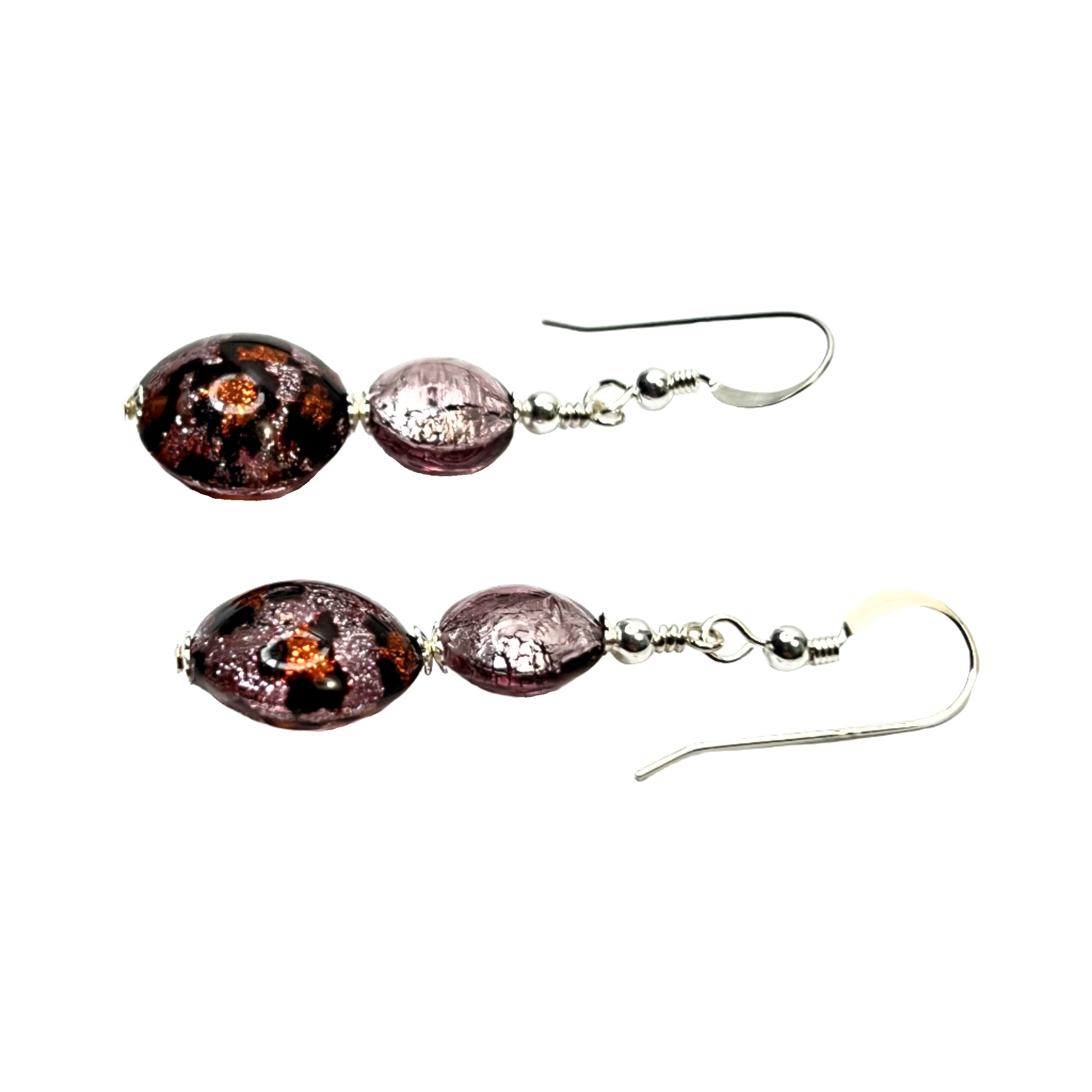 Murano glass purple leopard long dangle silver earrings