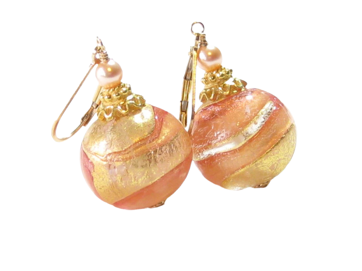 Murano Glass Peach Ball Dangle Gold Earrings by JKC Murano