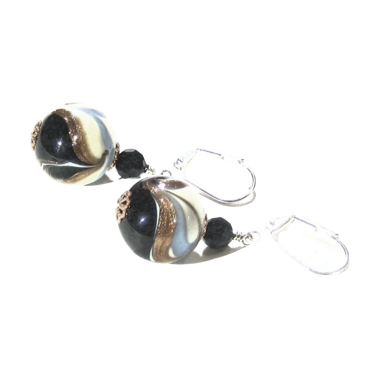 Murano Glass Black White Blue Copper Silver Earrings