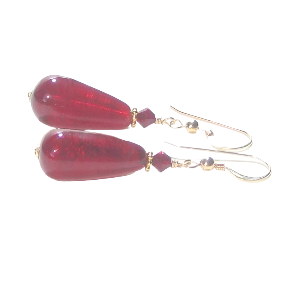 Murano Glass Red Teardrop Gold Earrings by JKC Murano