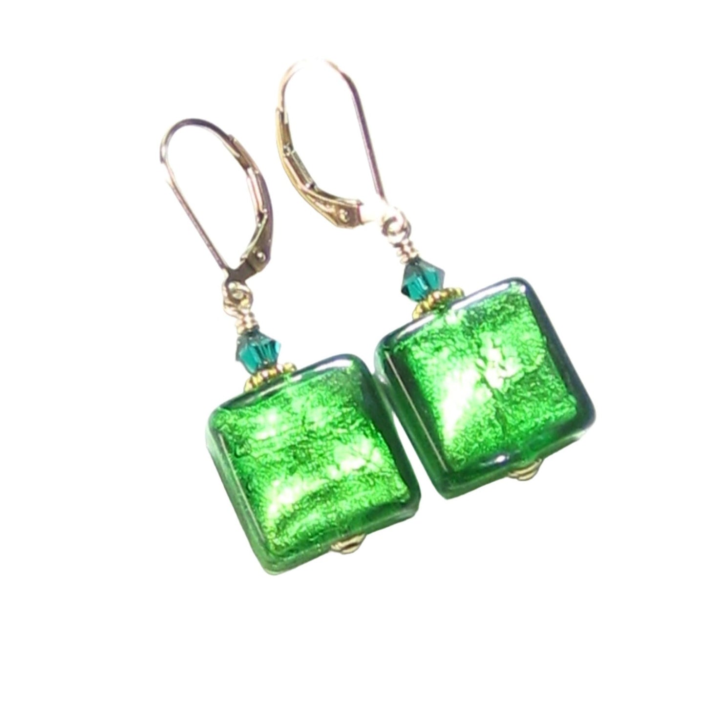 Venetian Glass Emerald Square Gold Earrings, Gold Filled Leverbacks