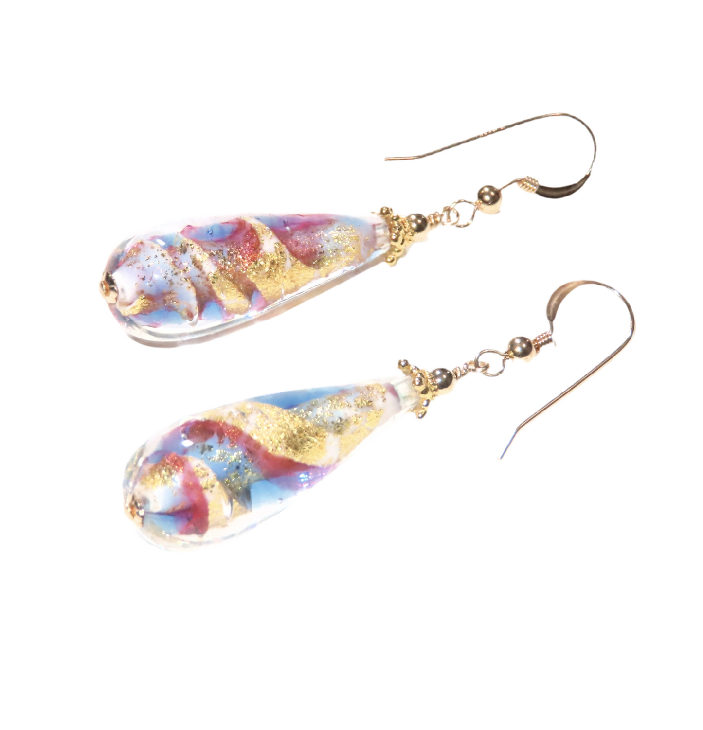 Murano Glass Pink Blue Swirl Teardrop Long Gold Earrings