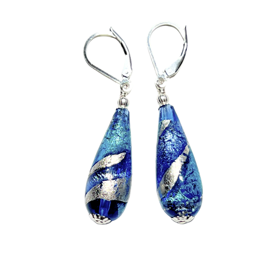 Murano Glass Aqua Blue Swirl Teardrop Sterling Silver Earrings