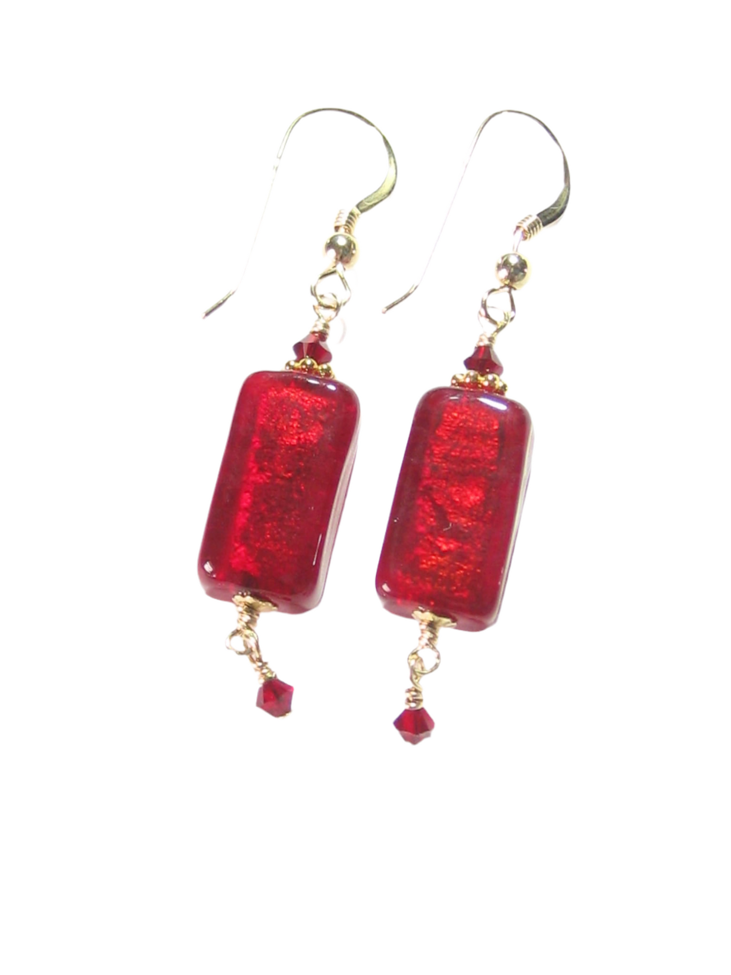 Venetian Glass Red Rectangle Gold Earrings, Gold Filled Fishhooks