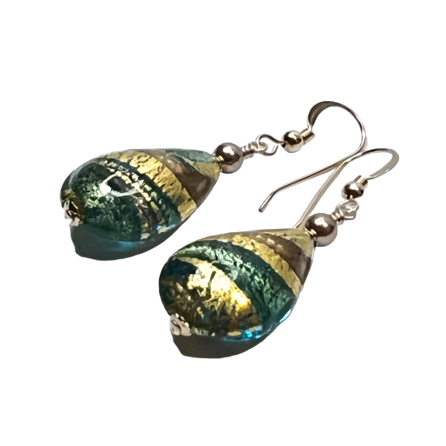a pair of green and gold earrings