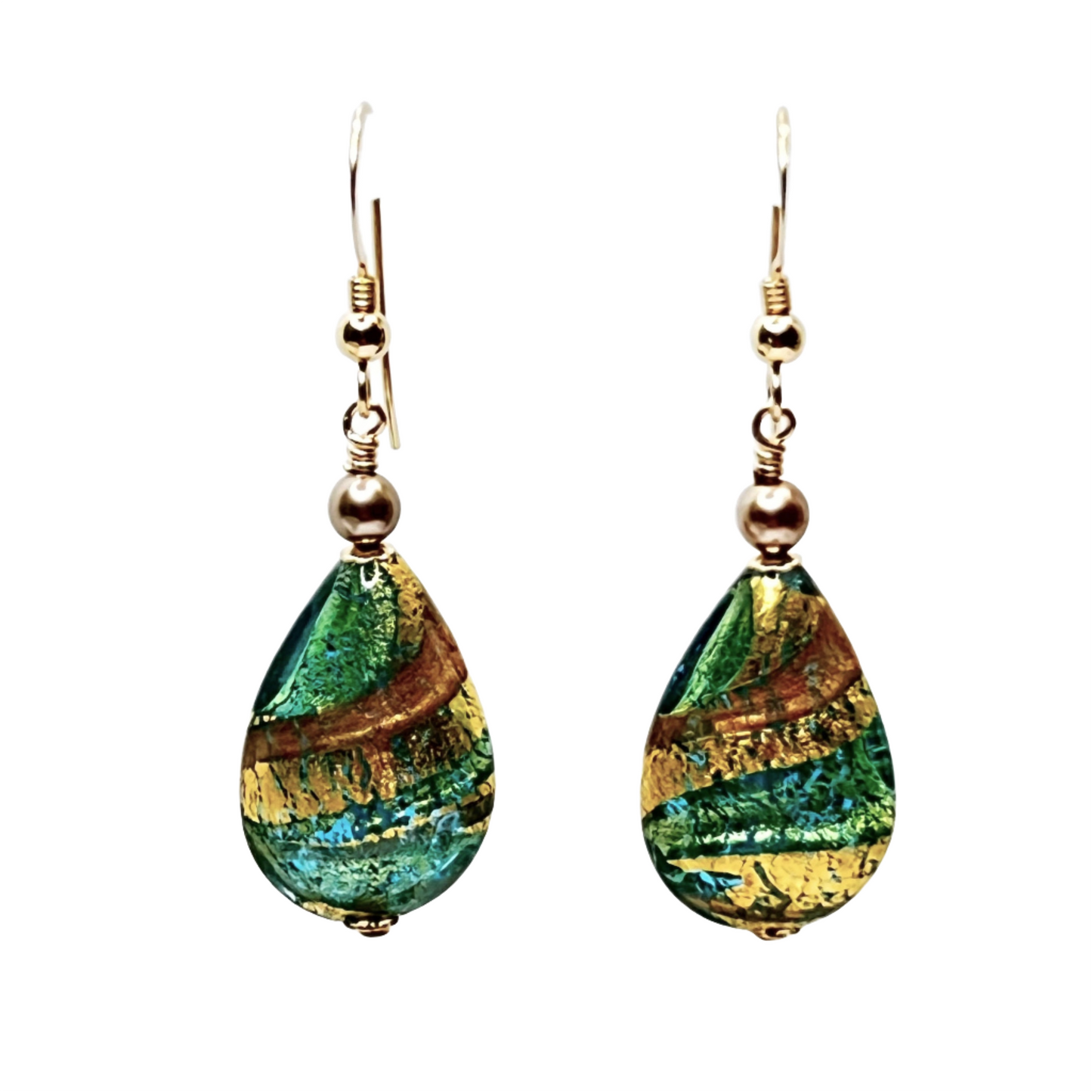 a pair of earrings with green and yellow designs