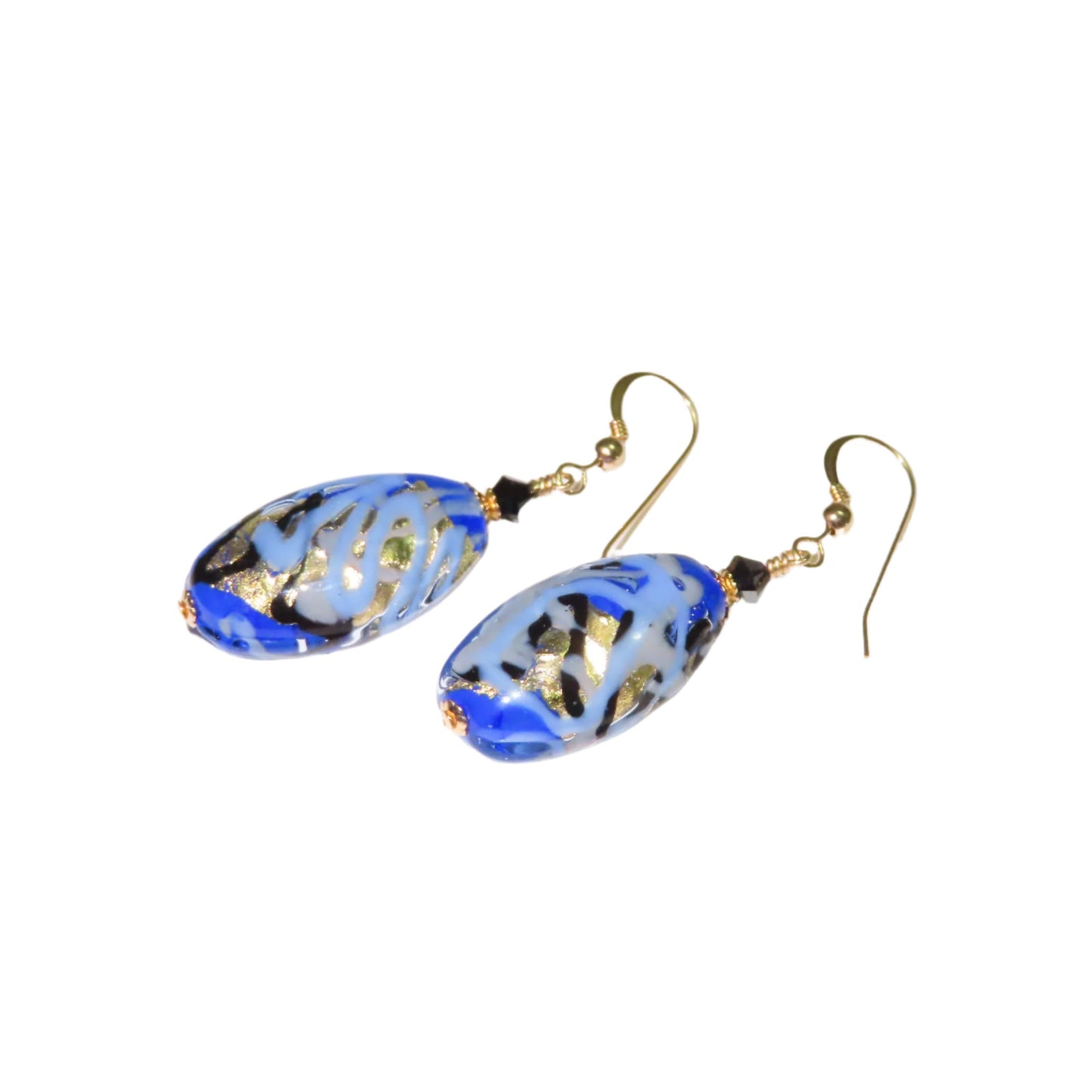 Murano Glass Blue Black Oval Dangle Gold Earrings - Handcrafted Italian Jewelry