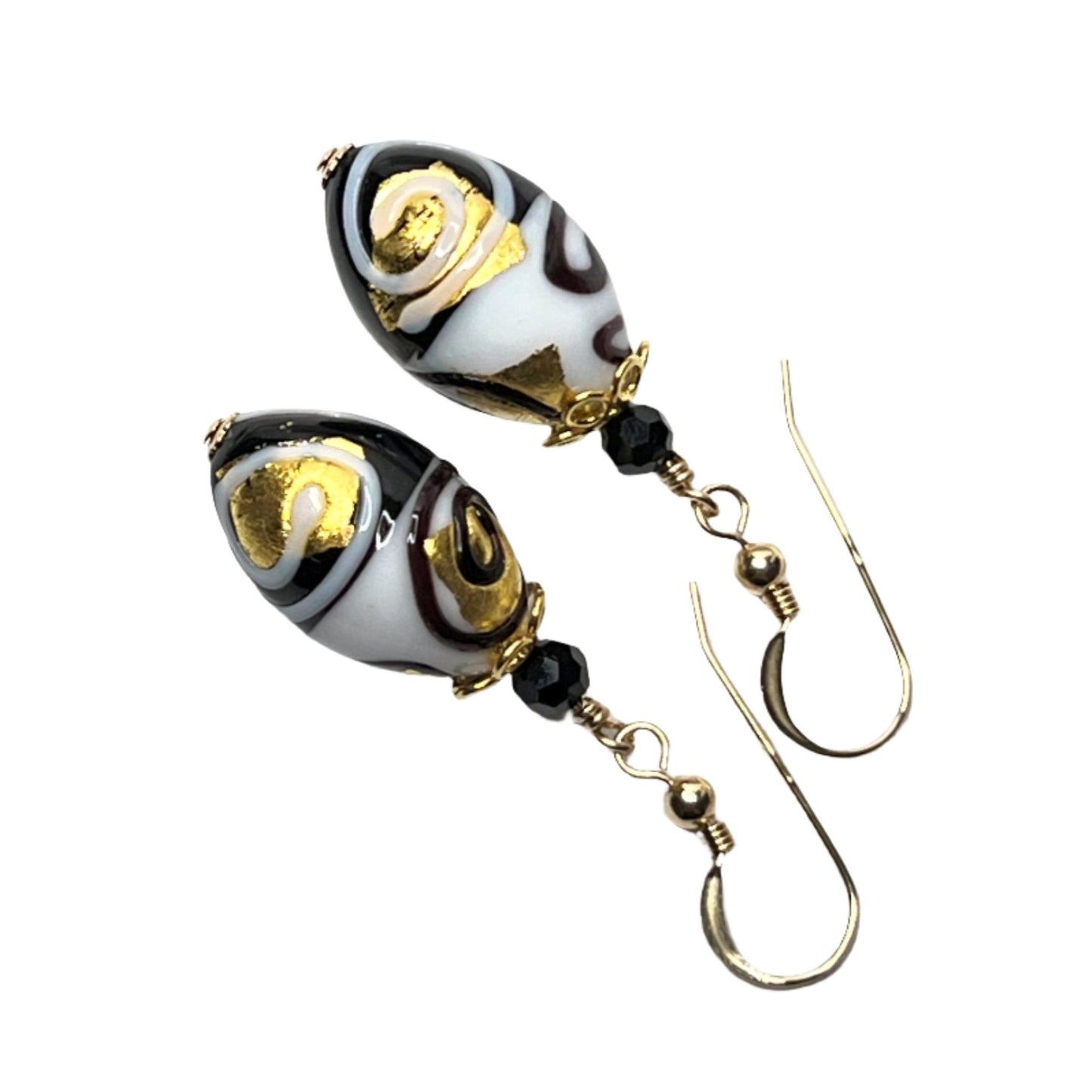 Murano glass black white oval gold earrings by JKC Murano