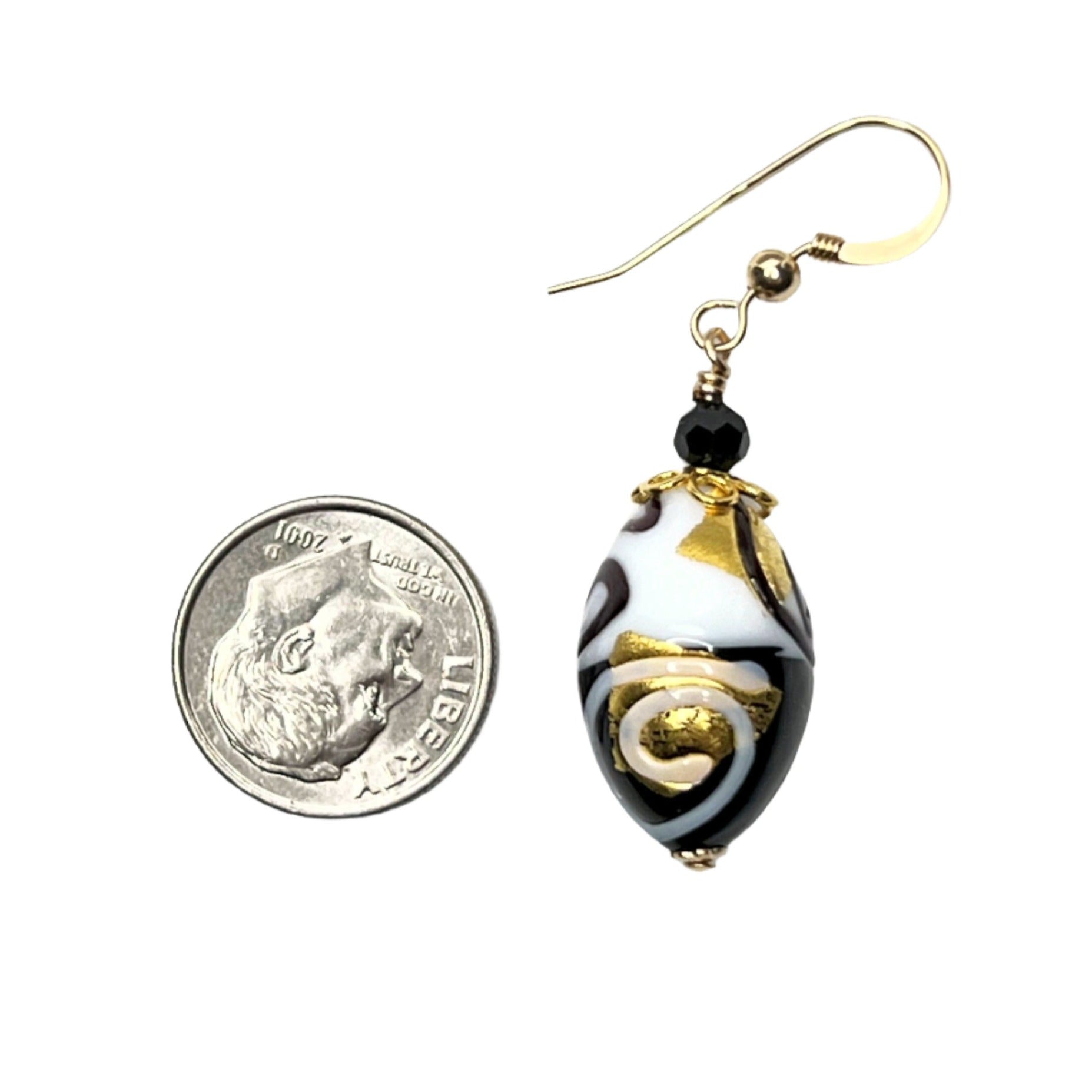 Murano glass black white oval gold earrings by JKC Murano