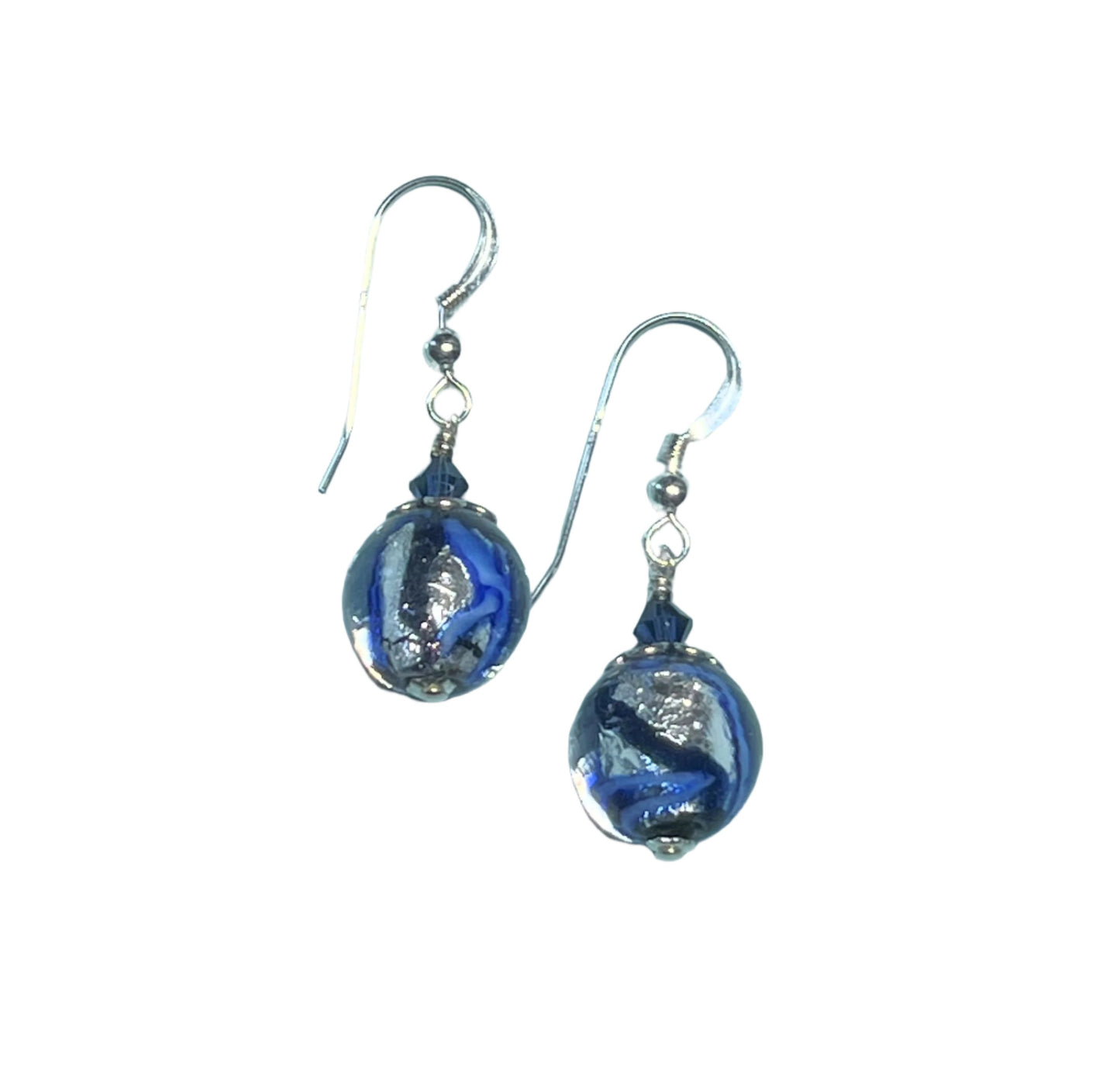 Murano Glass Cobalt Blue Galaxy Ball Silver Earrings