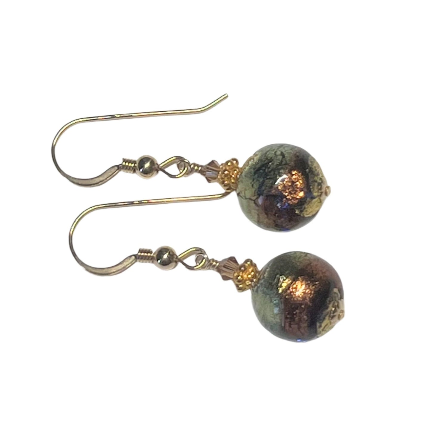 Murano Glass Blue Brown Gold Earrings with gold leverback