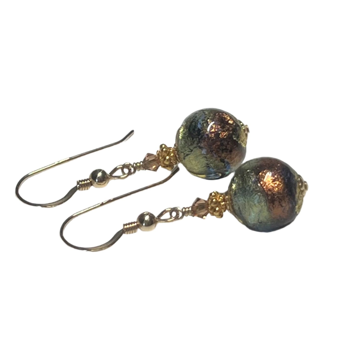 Murano Glass Blue Brown Gold Earrings with gold leverback