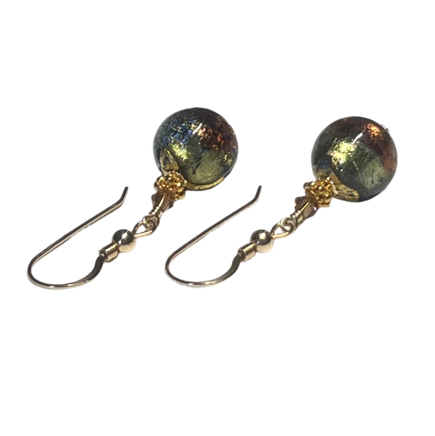 Murano Glass Blue Brown Gold Earrings with gold leverback