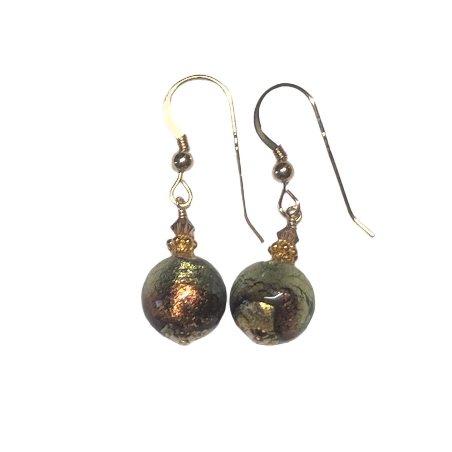 Murano Glass Blue Brown Gold Earrings with gold leverback