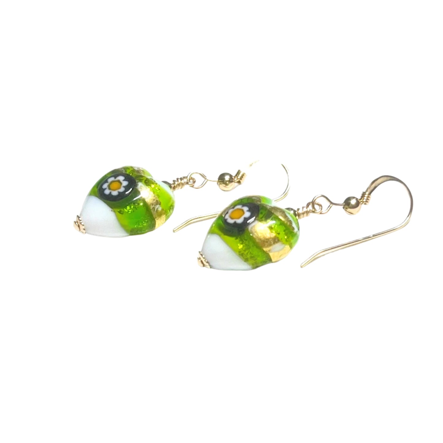 Murano Glass Lime Green Millefiori Heart Gold Earrings