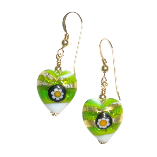 Murano Glass Lime Green Millefiori Heart Gold Earrings