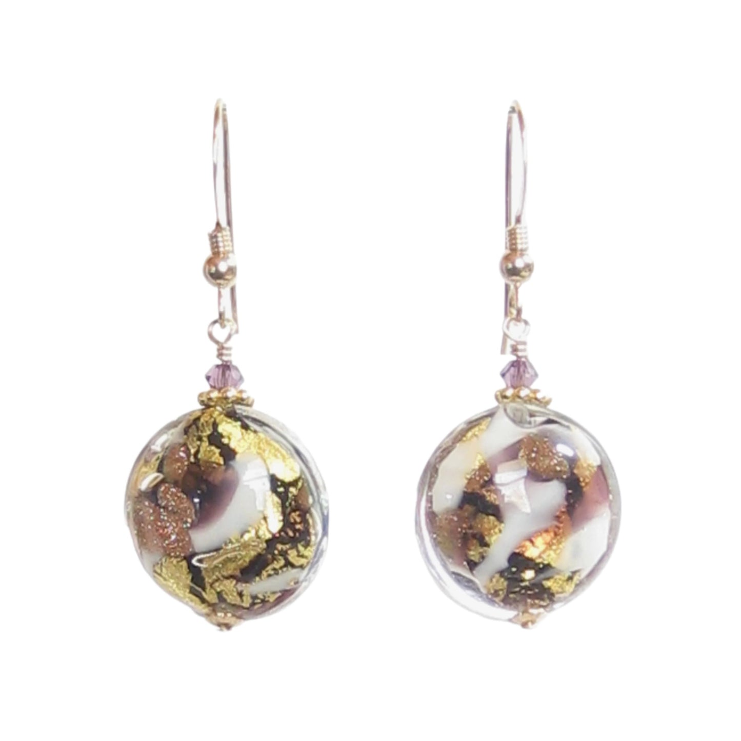 Murano Glass Amethyst Black Disc Gold Earrings, Fishhook Earrings