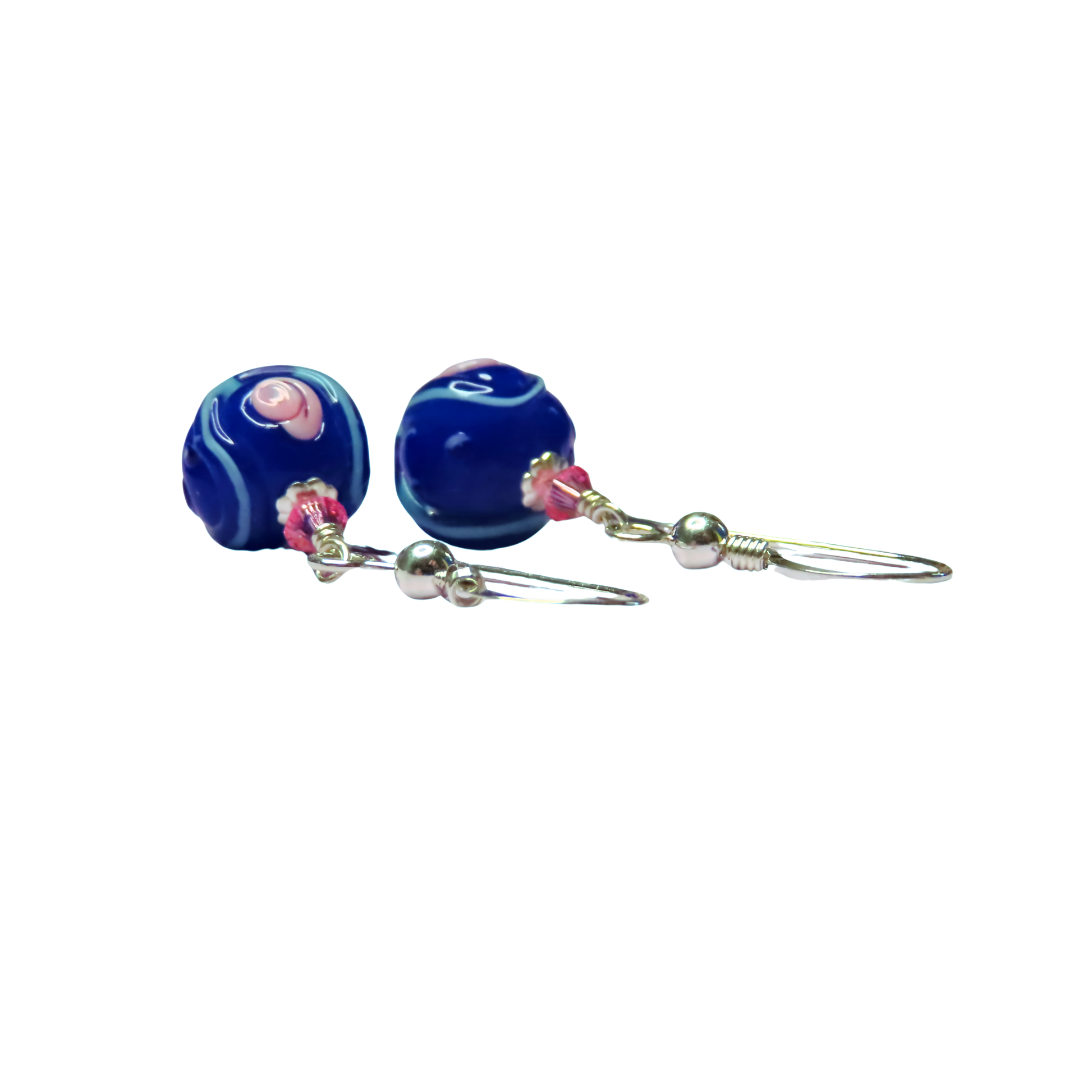 Murano glass small cobalt blue rose silver earrings