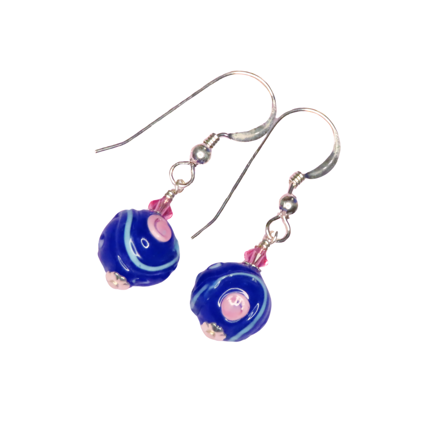 Murano glass small cobalt blue rose silver earrings