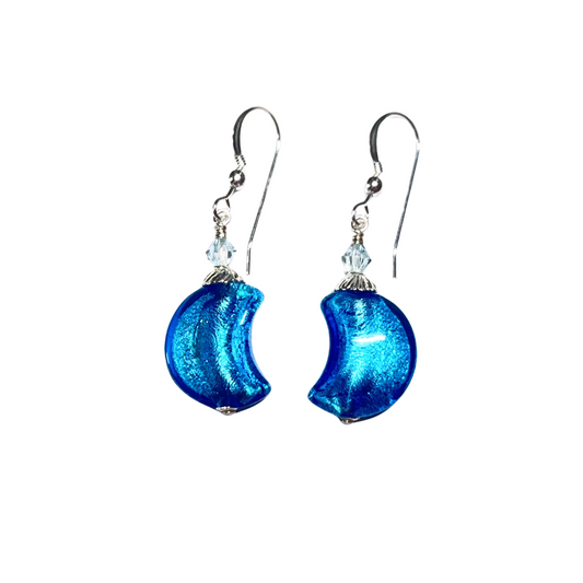 Murano Glass Aqua Moon Silver Earrings