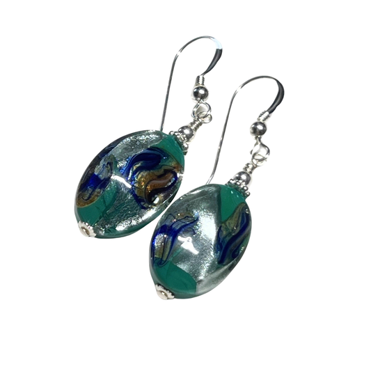 Murano Glass Green goddess Oval Sterling Silver earrings