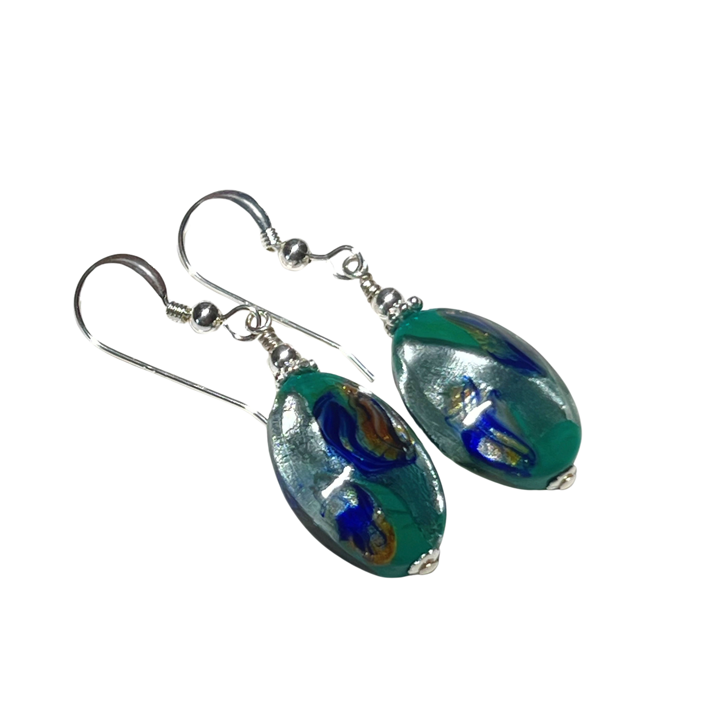 Murano Glass Green goddess Oval Sterling Silver earrings