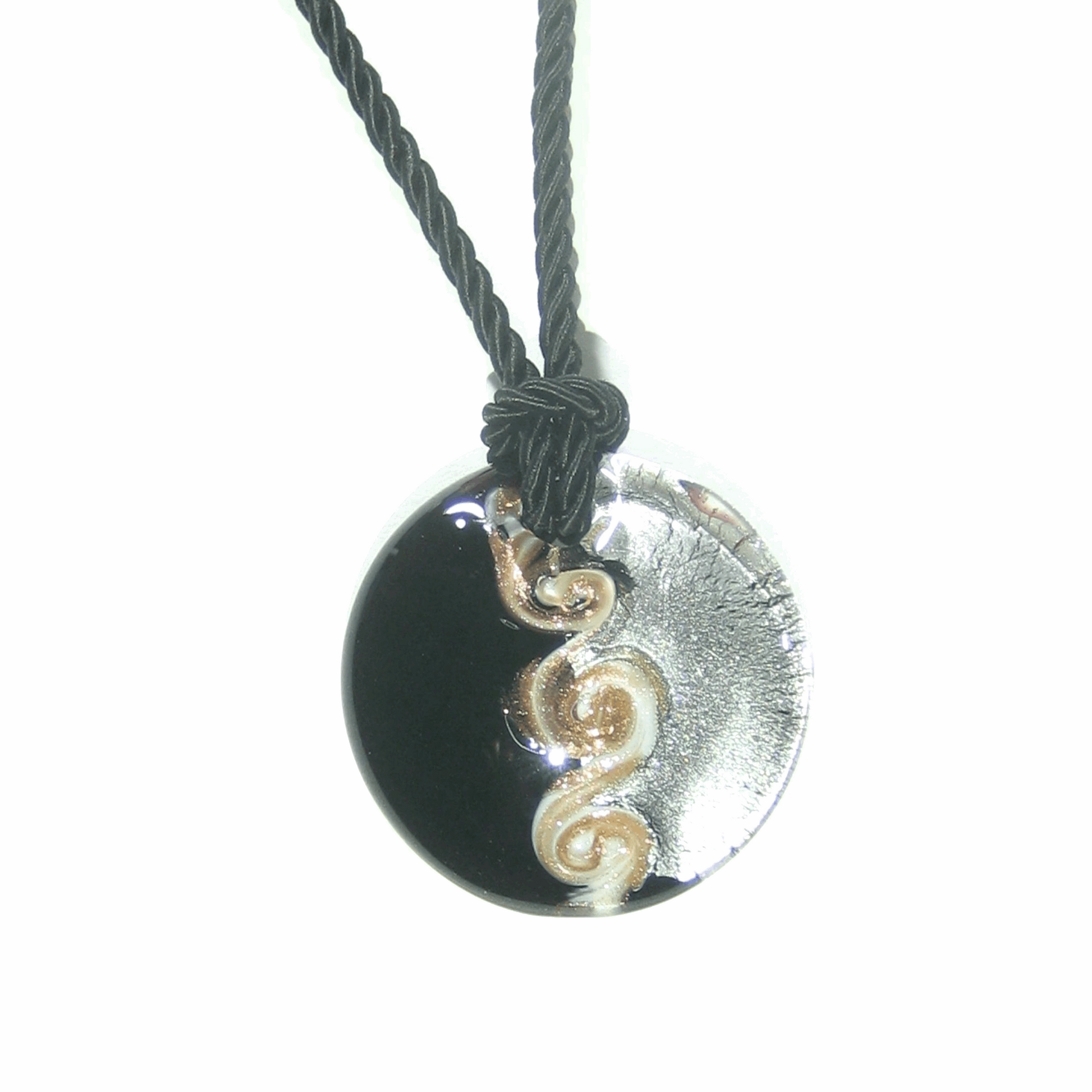 Large Murano Glass Black Silver Disc Pendant