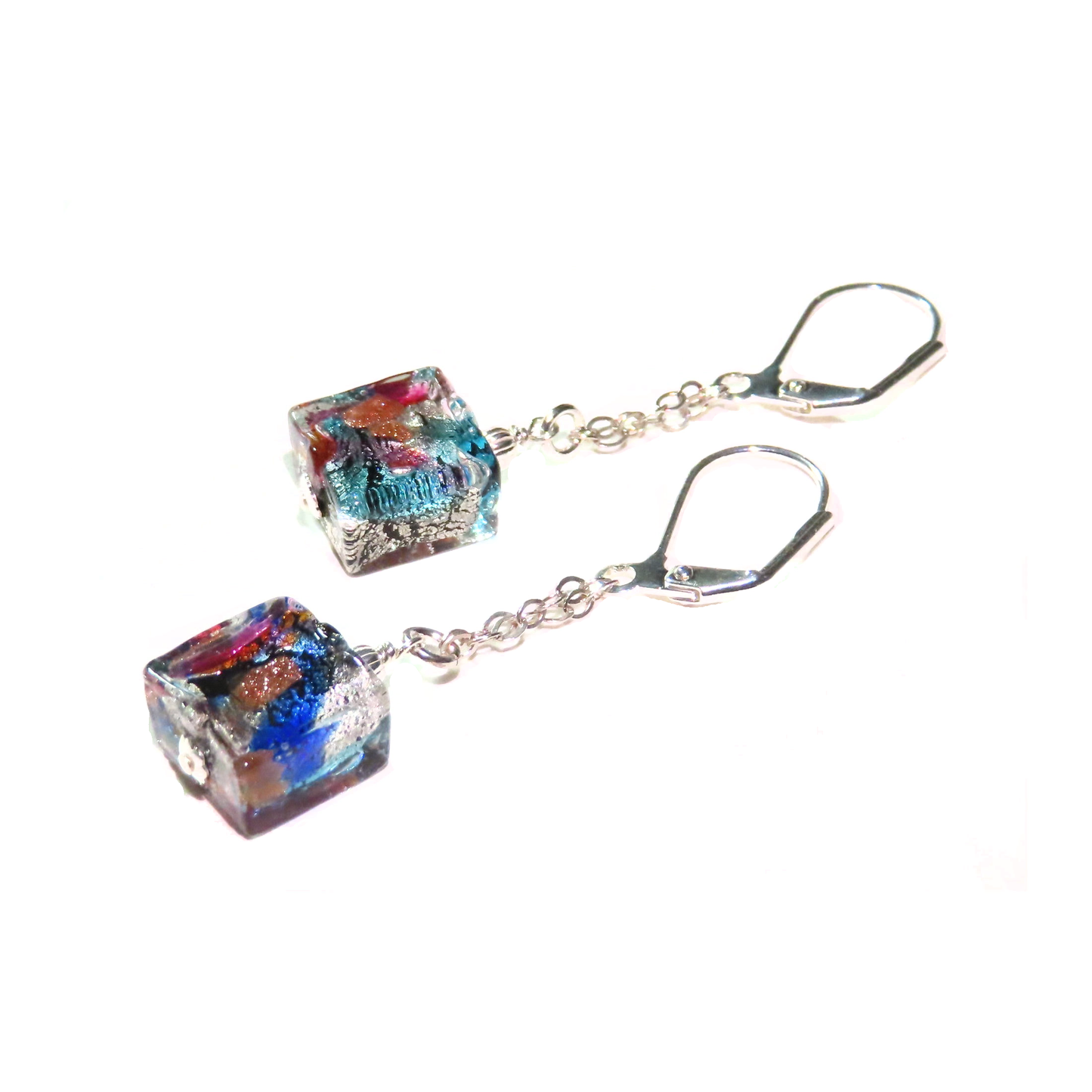 Murano Square Drop Chain Silver Earrings