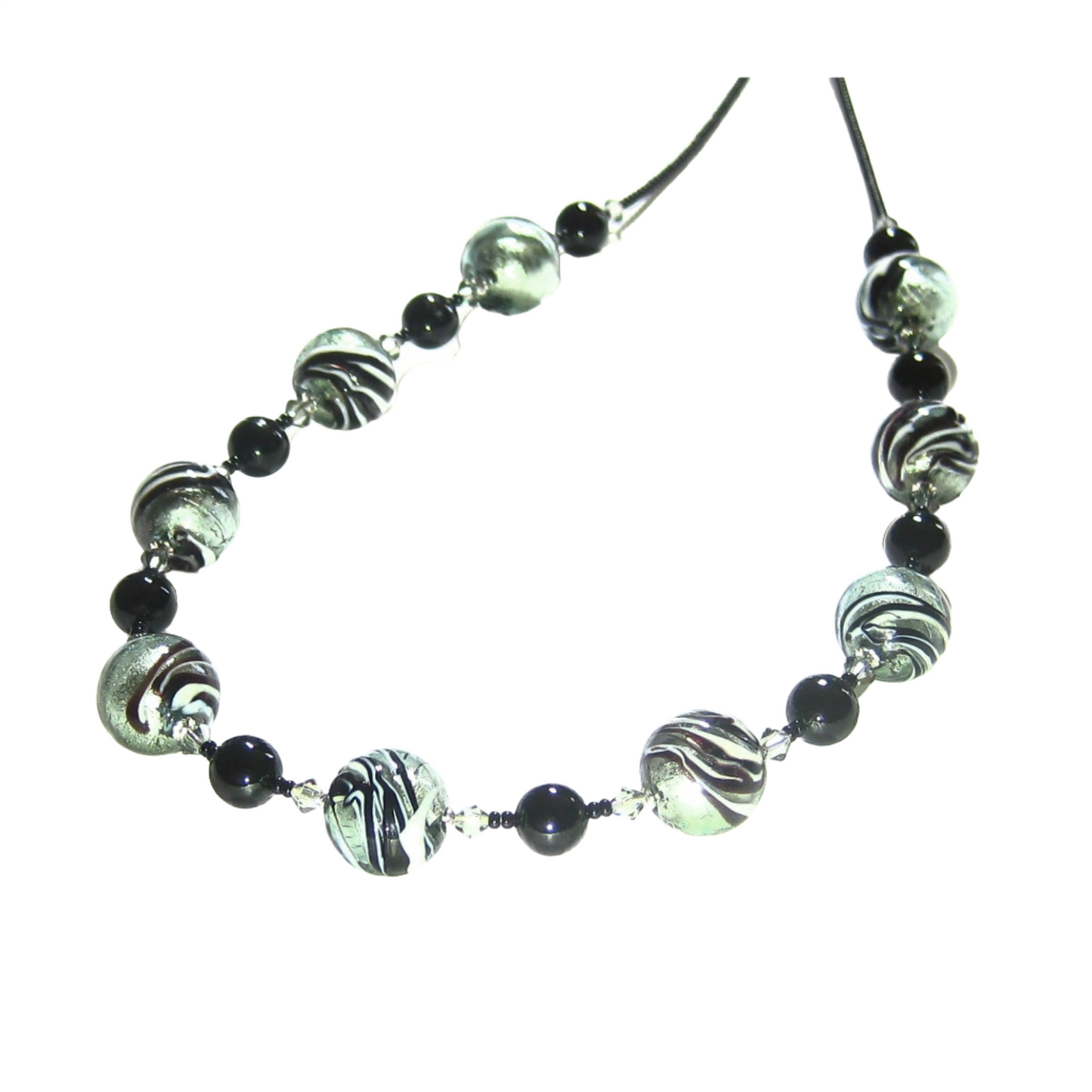 Murano Glass Black Steel Zebra Swirl Silver Necklace