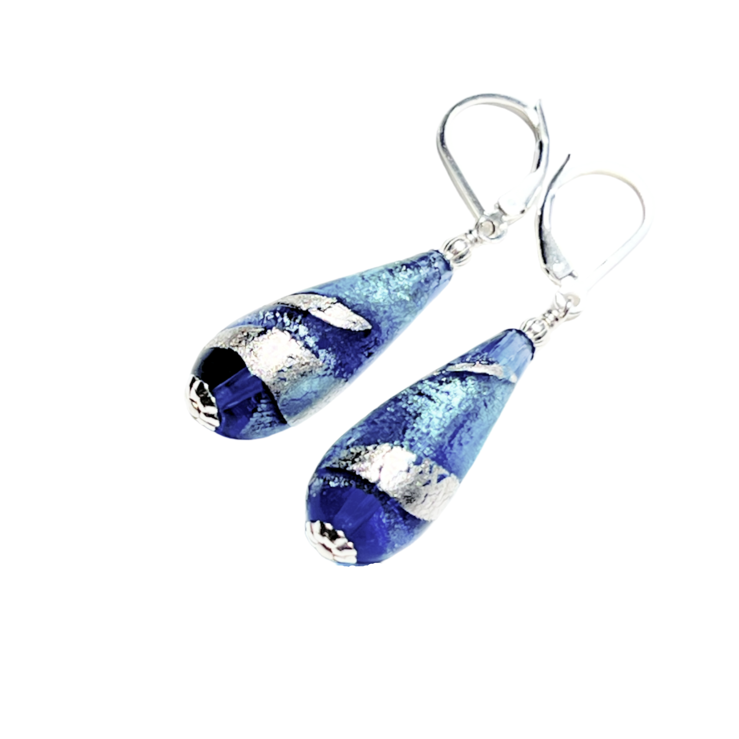 Murano Glass Aqua Blue Swirl Teardrop Sterling Silver Earrings