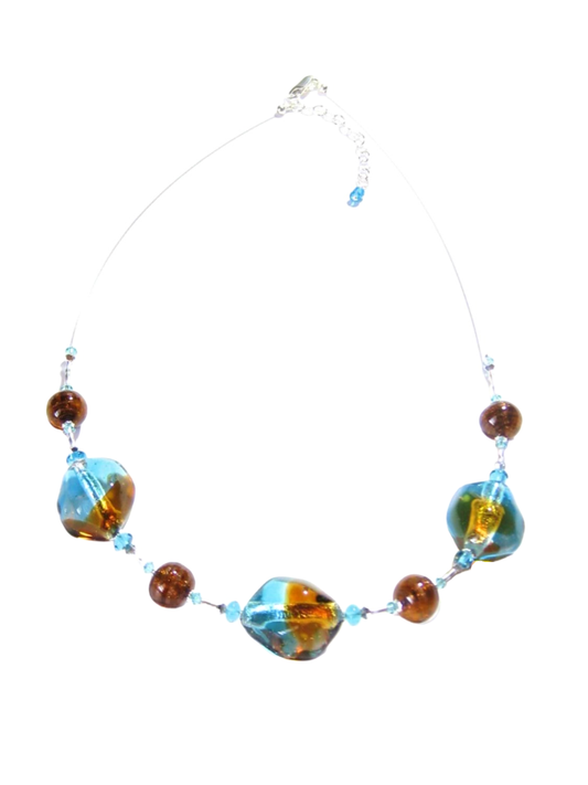 Murano Glass Aqua Topaz Nugget Sterling Silver Necklace, Italian Glass Jewelry