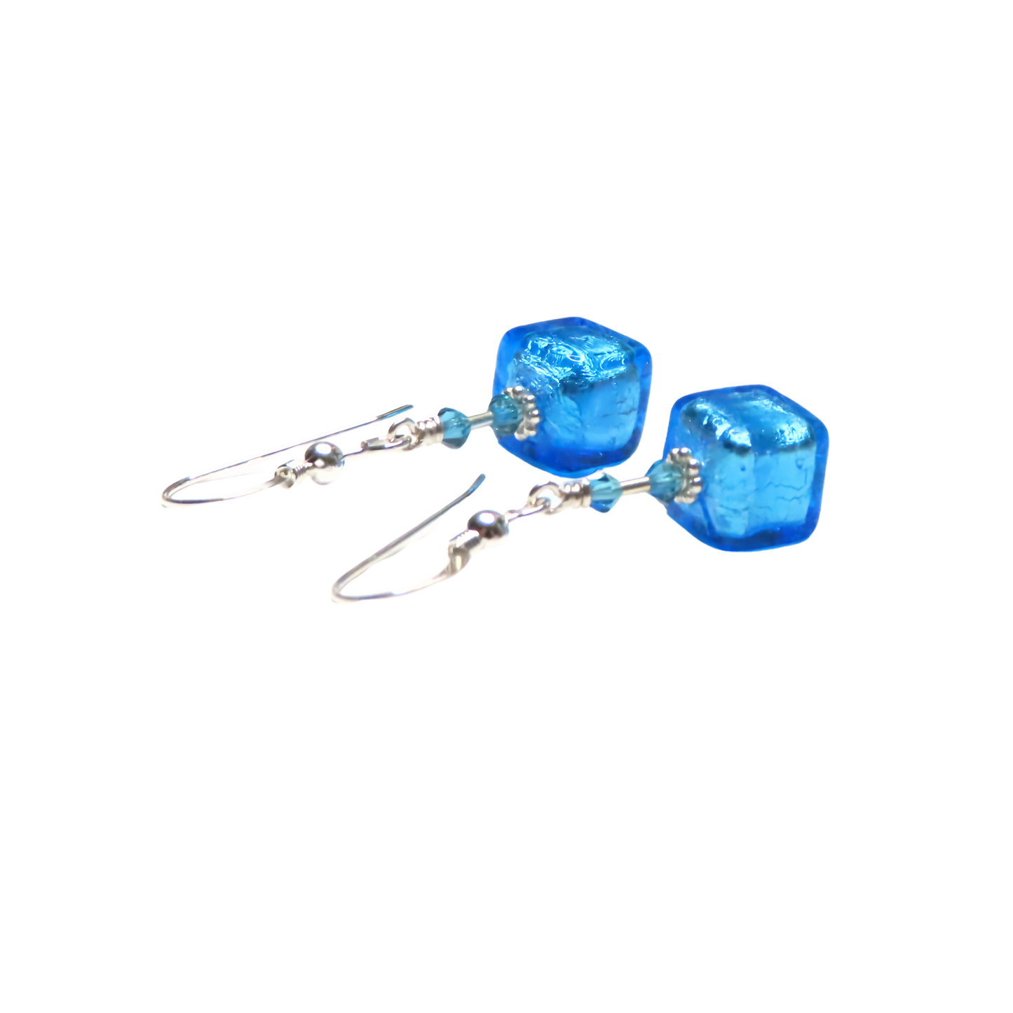 Murano Glass Aqua Cube Silver Earrings