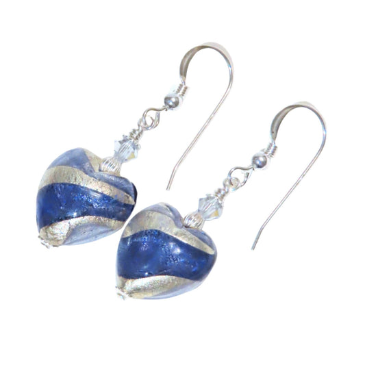 Murano Glass Dark Blue Swirl Heart Silver Earrings