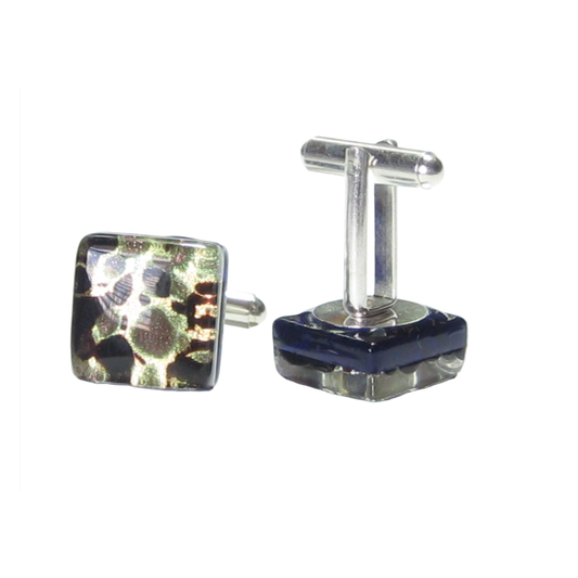 Murano Glass Black Green Gold Square Cuff Links