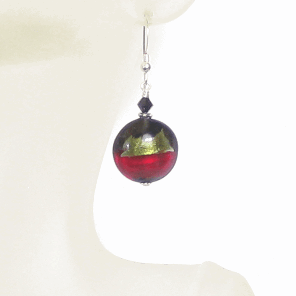 Italian Murano Glass Olive Green Red Black Silver Earrings - JKC Murano