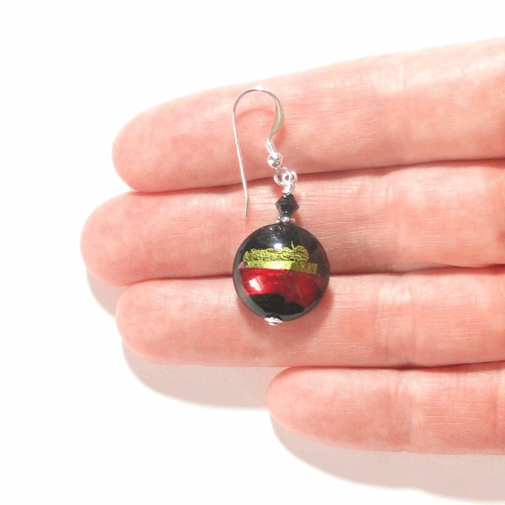 Italian Murano Glass Olive Green Red Black Silver Earrings - JKC Murano