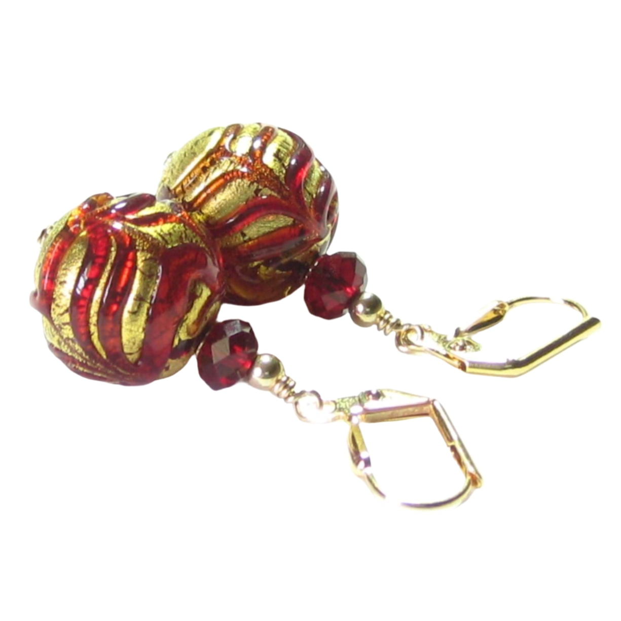 Murano Glass Red Feather Ball Gold Earrings, Leverback Earrings