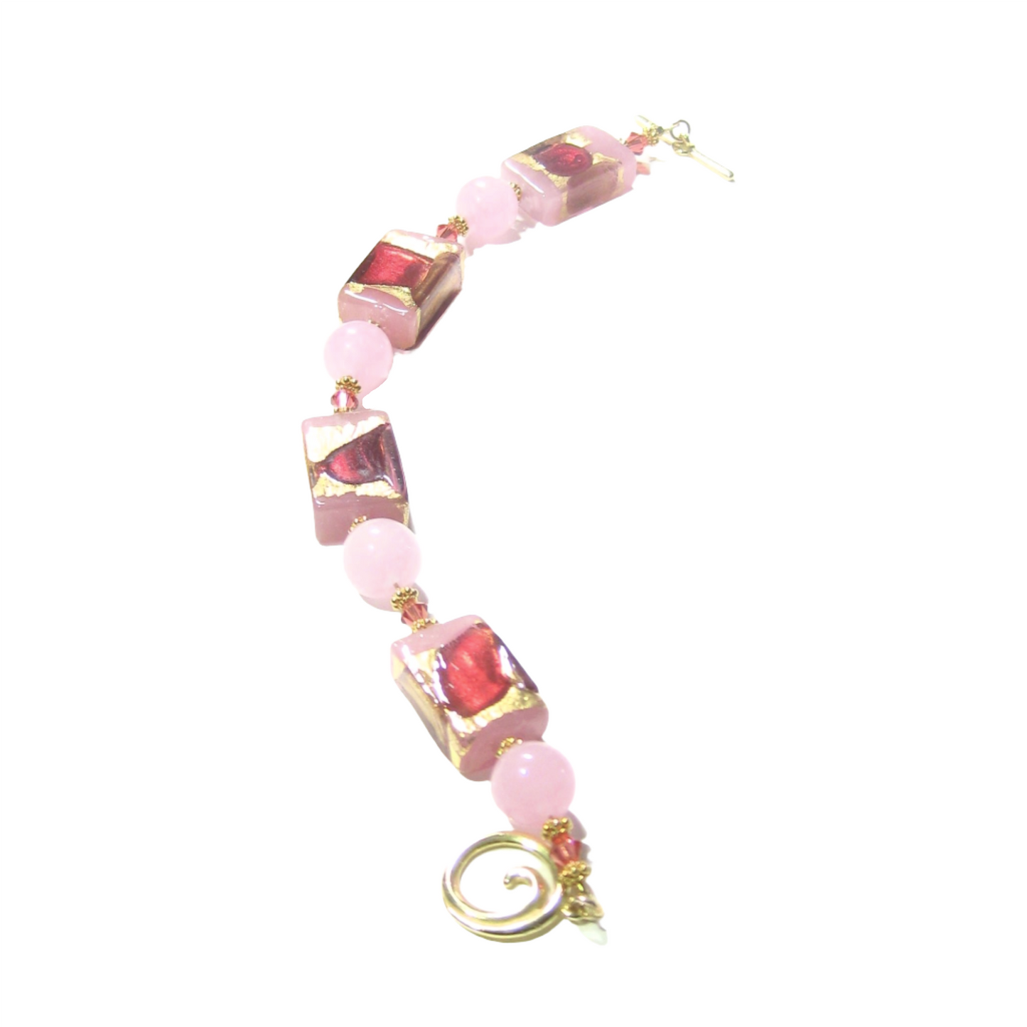 Murano Glass Pink Chunky Rectangle Gold Bracelet by JKC Murano